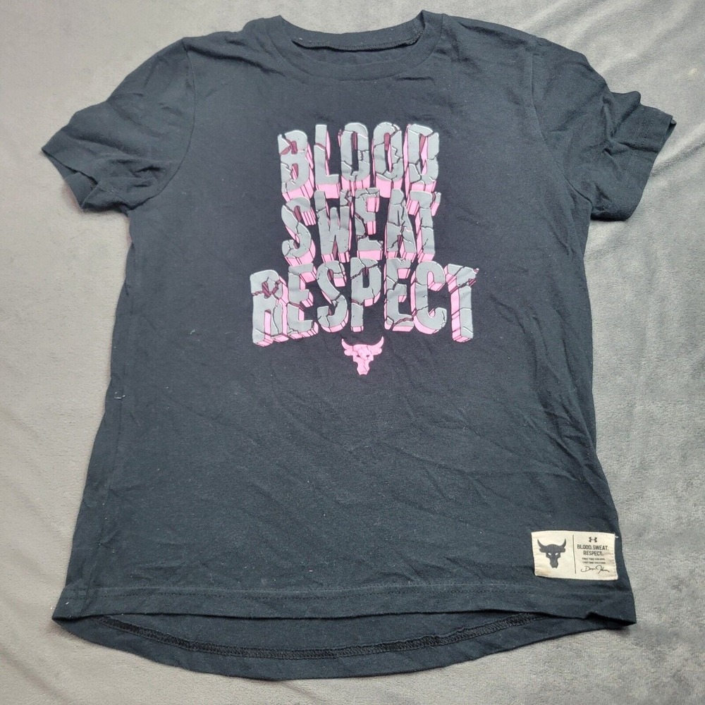 Under Armor Blood Sweat Respect Shirt Girls Graphic T-Shirt Black Pink Cotton XS